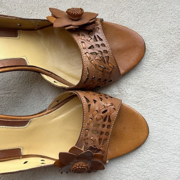 Via Spiga Tan Woven Leather Open Toe Heels Women 8.5 Cut Outs Flower Casual - Picture 9 of 16